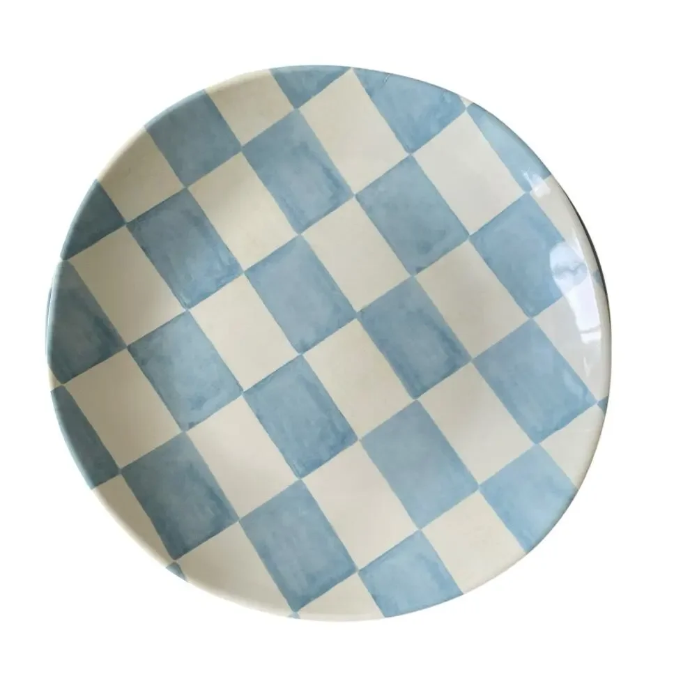 Blue & White Checkered Melamine Appetizer Plates 6.5in Set of 4 Chic Spring NEW